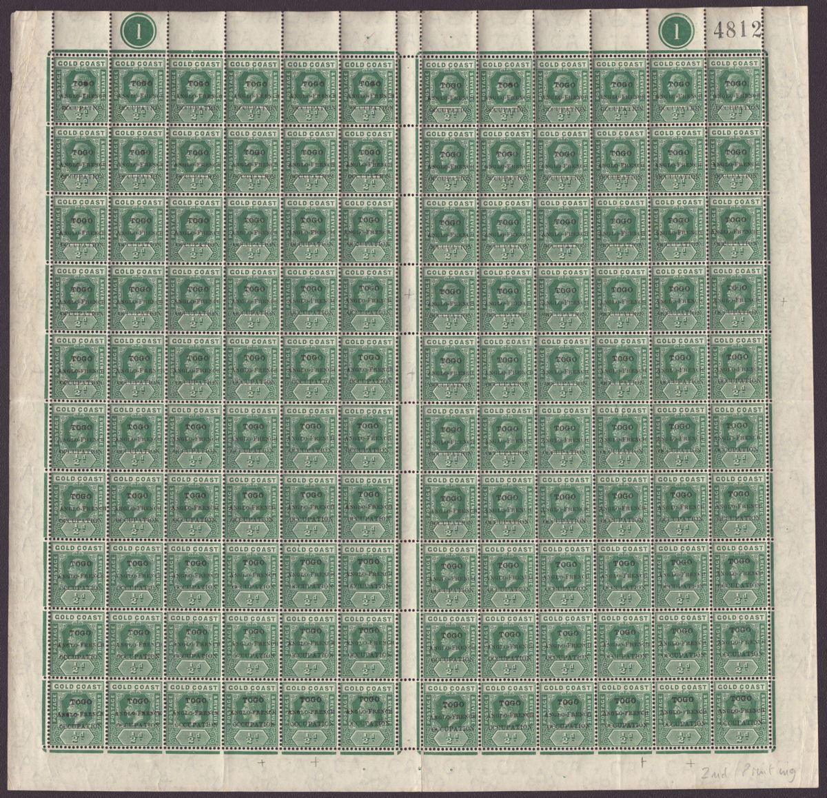Togo 1915 KGV Accra Opt Gold Coast ½d Green Full Sheet of 120 Mint SG H34-H34c