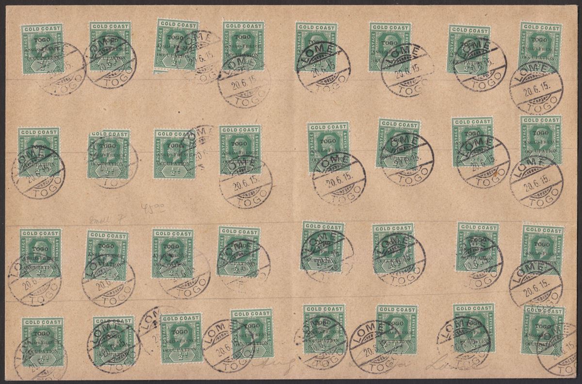 Togo 1915 KGV Accra Opt Gold Coast ½d Green x32 Used on Unaddressed Cover SG H34