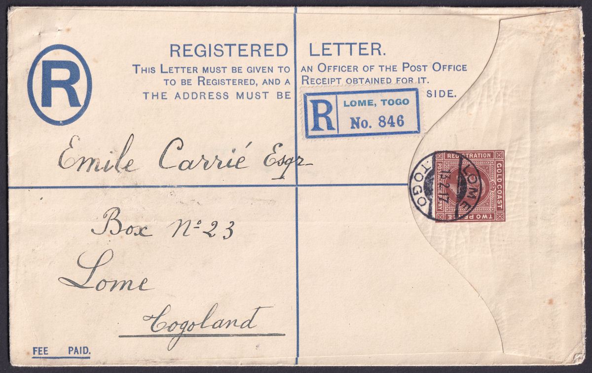 Gold Coast used Togo 1917 KGV 3d Reg Postal Stat Size H Cover Used LOME Postmark
