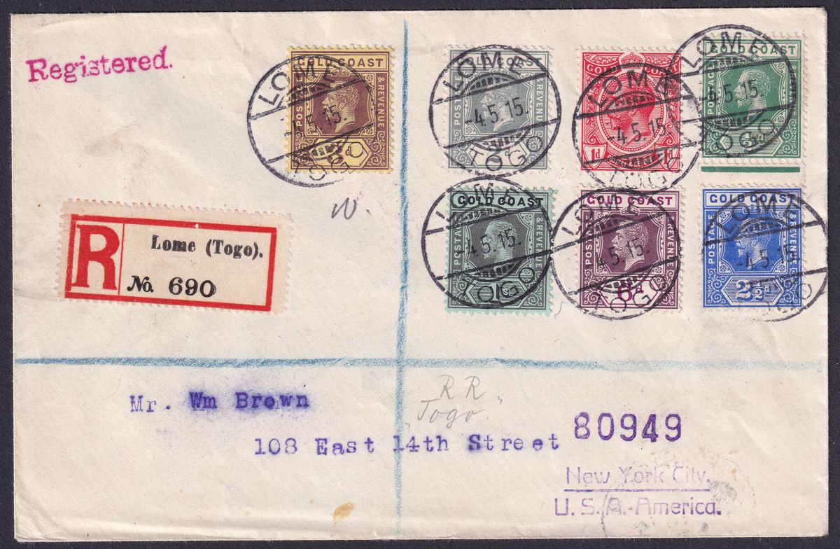 Gold Coast used Togo 1915 KGV Set to 1sh Used on Registered Cover LOME to USA
