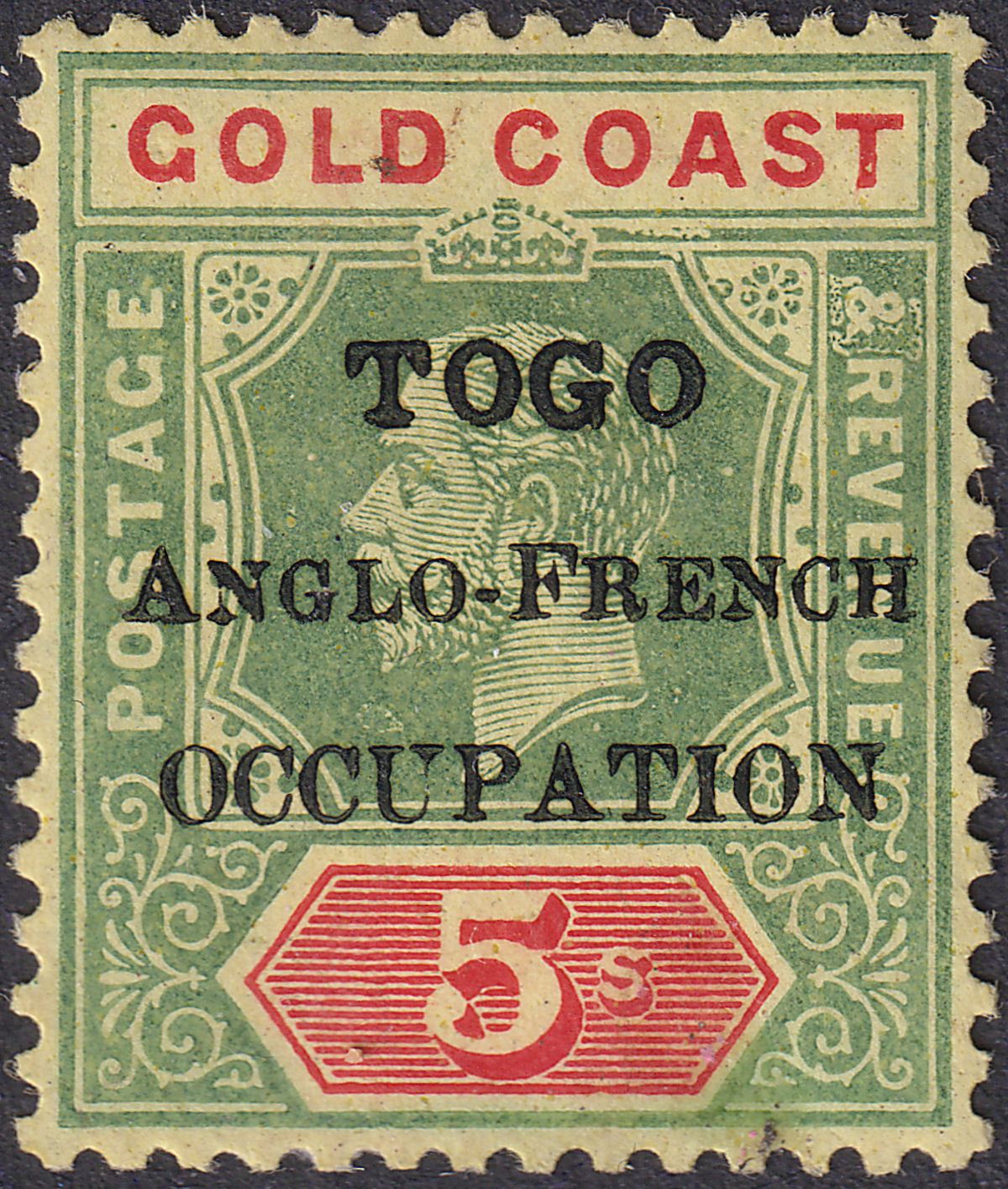 Togo 1916 KGV Overprint on Gold Coast 5sh Green + Red on B-Yellow Mint SG H56a