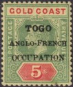 Click for more photos and details Togo 1916 KGV Overprint on Gold Coast 5sh Green + Red on B-Yellow Mint SG H56a