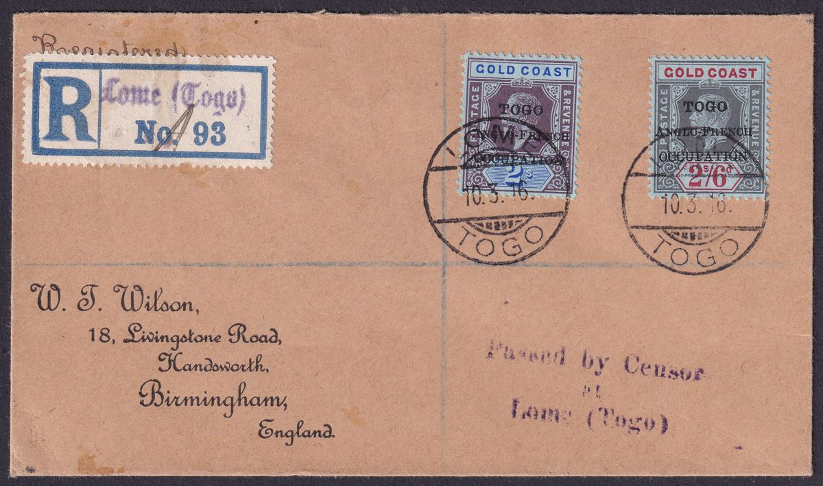 Togo 1916 KGV 2sh6d, 2sh Overprints Used Registered Cover LOME to UK w Censor