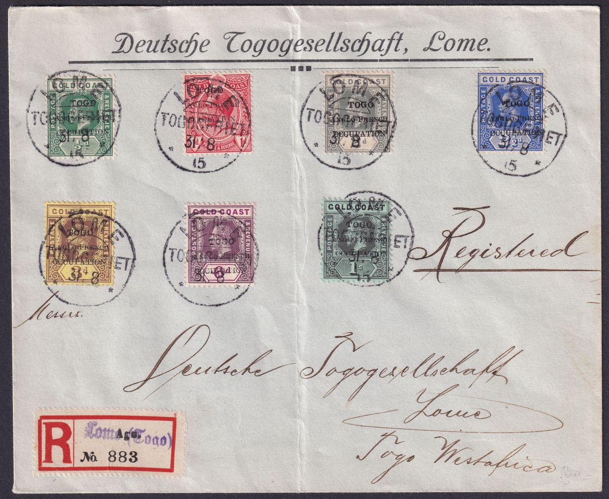 Togo 1915 KGV Set to 1sh Overprints Used on Local Registered Cover LOME