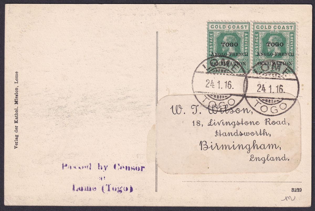 Togo 1916 KGV ½d Opt x2 Used on Mission Picture Postcard LOME to UK Censor Mark