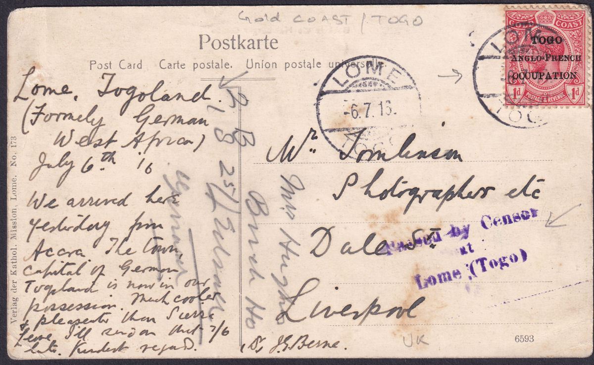 Togo 1916 KGV 1d Opt Used on Picture Postcard LOME to UK Censor Mark
