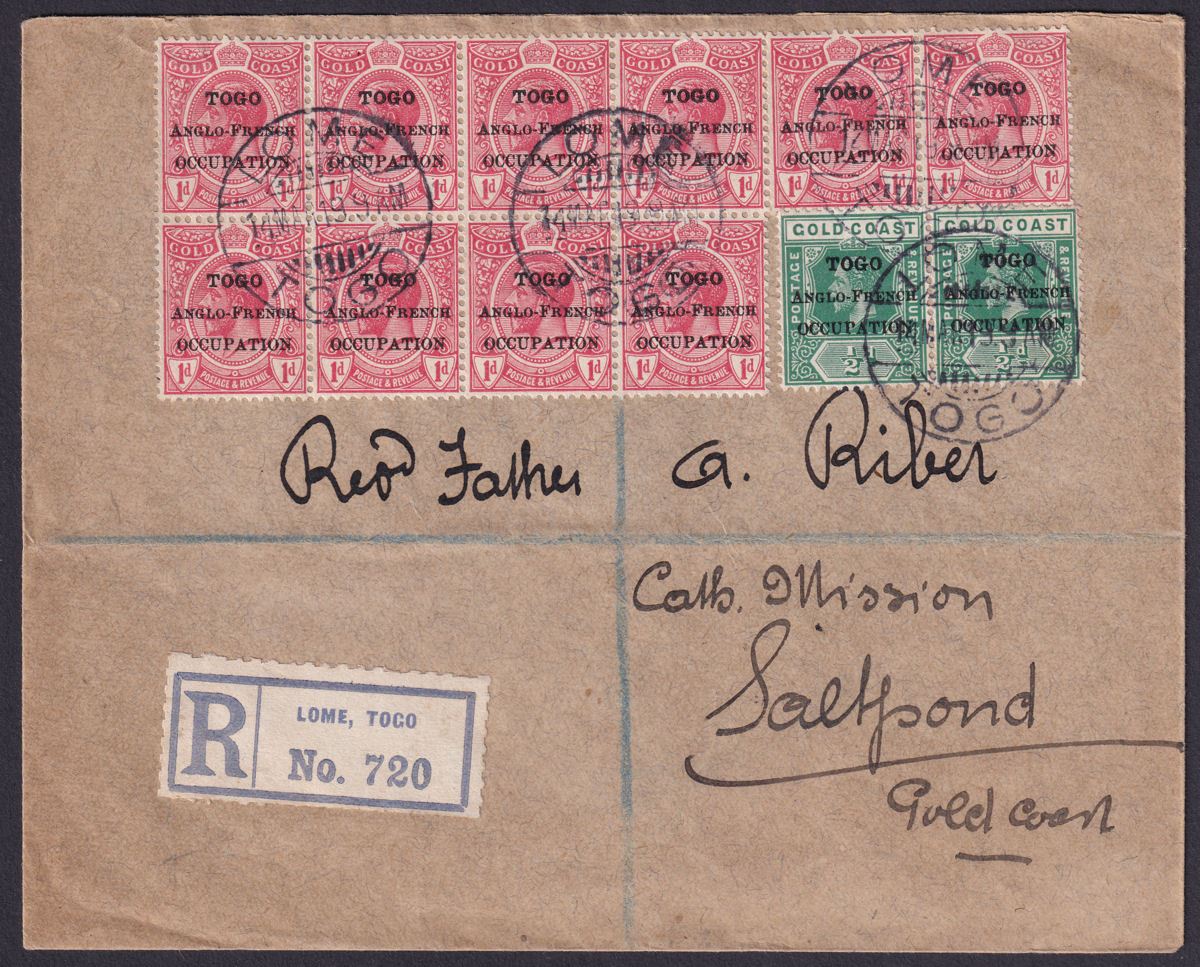 Togo 1919 KGV 1d x 10, ½d x 2 Opts Used on Registered Cover Lome to Saltpond