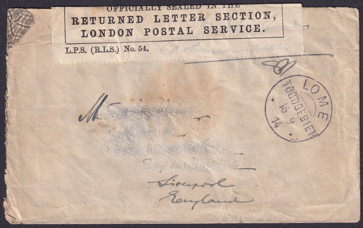 Togo 1914 Unstamped Cover Used LOME to UK w London Returned Letter Section Label