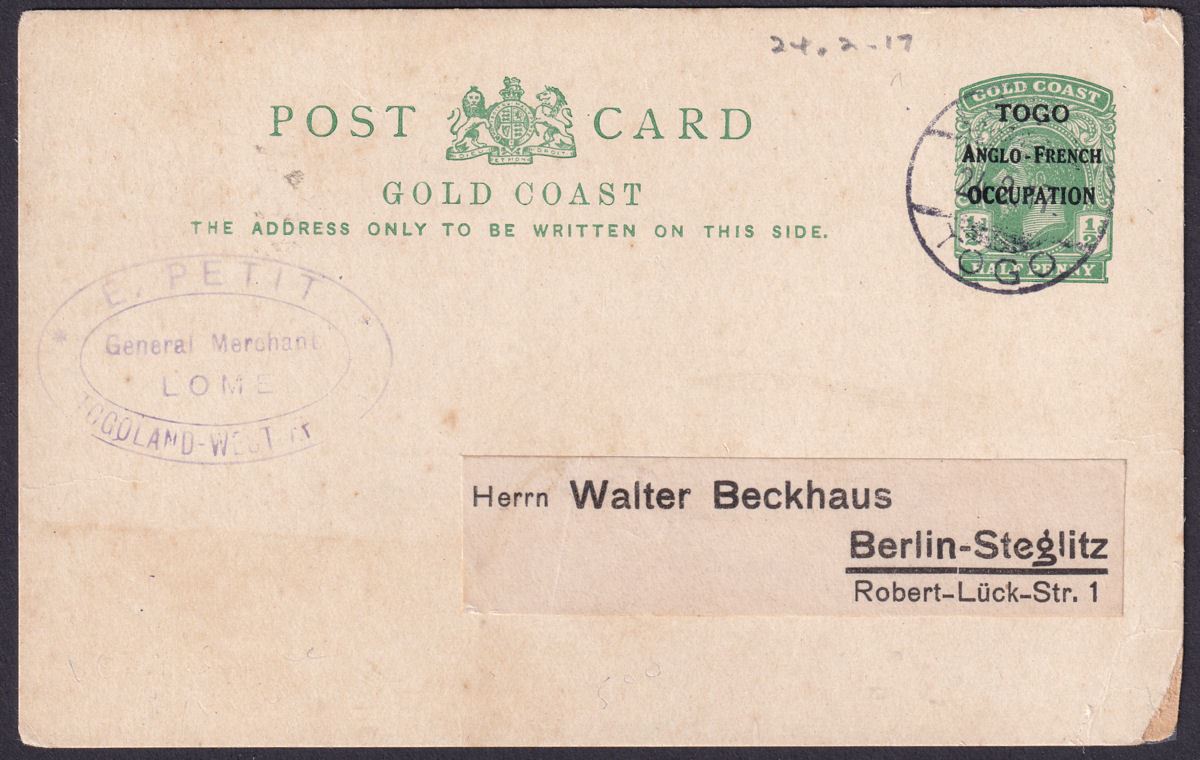 Togo 1917 KGV ½d Opt Post Stat Postcard Used LOME to Berlin, Germany