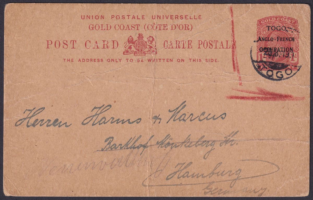 Togo 1919 KGV 1d Opt Post Stat Postcard Used LOME to Hamburg, Germany