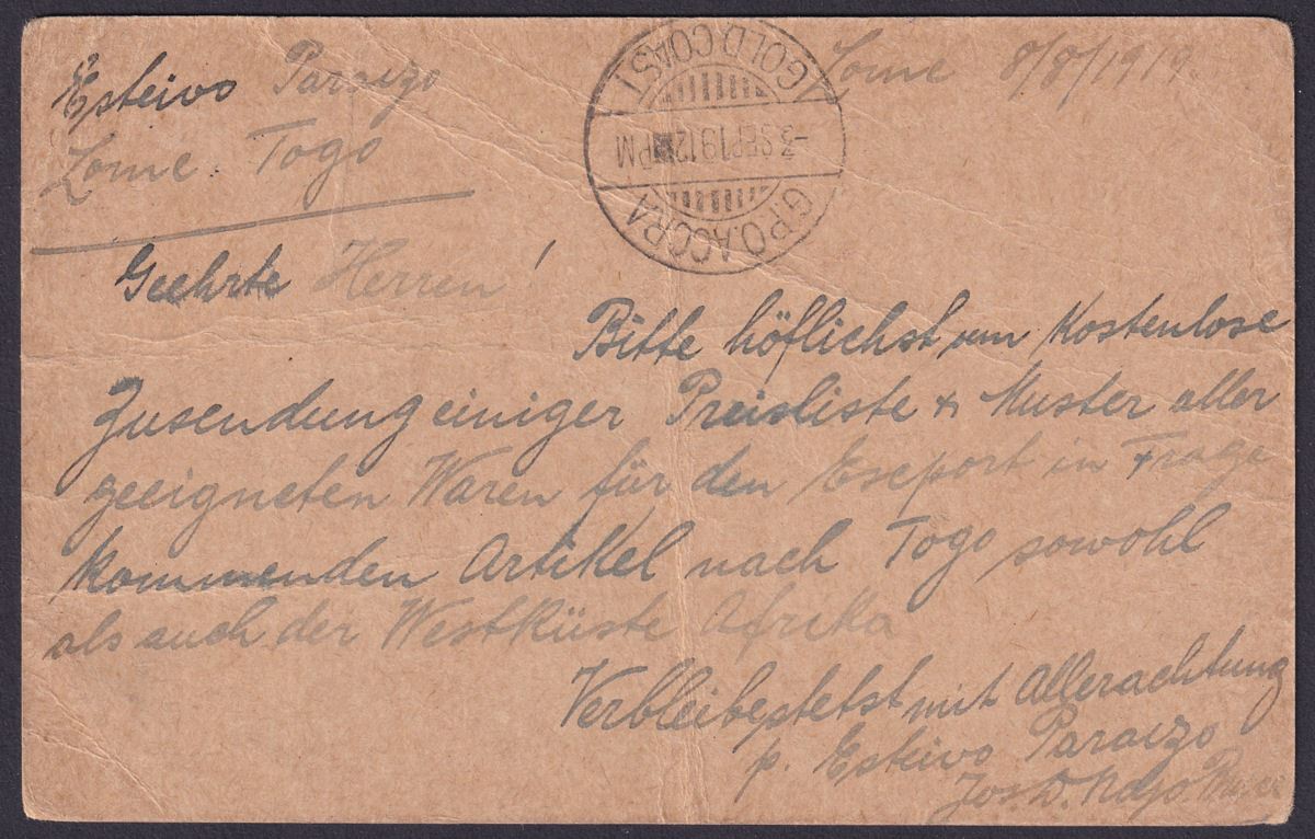 Togo 1919 KGV 1d Opt Post Stat Postcard Used LOME to Hamburg, Germany