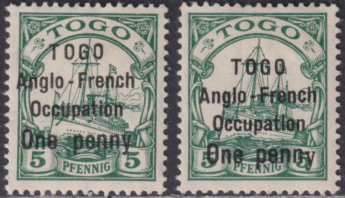 Togo 1914 KGV German Yacht 1d on 5pf Green w Thin y Variety Mint SG H28b cat £22