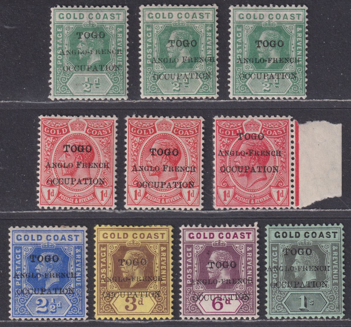 Togo 1915 KGV Overprint on Gold Coast Varieties to 1sh Mint Small F No Hyphen