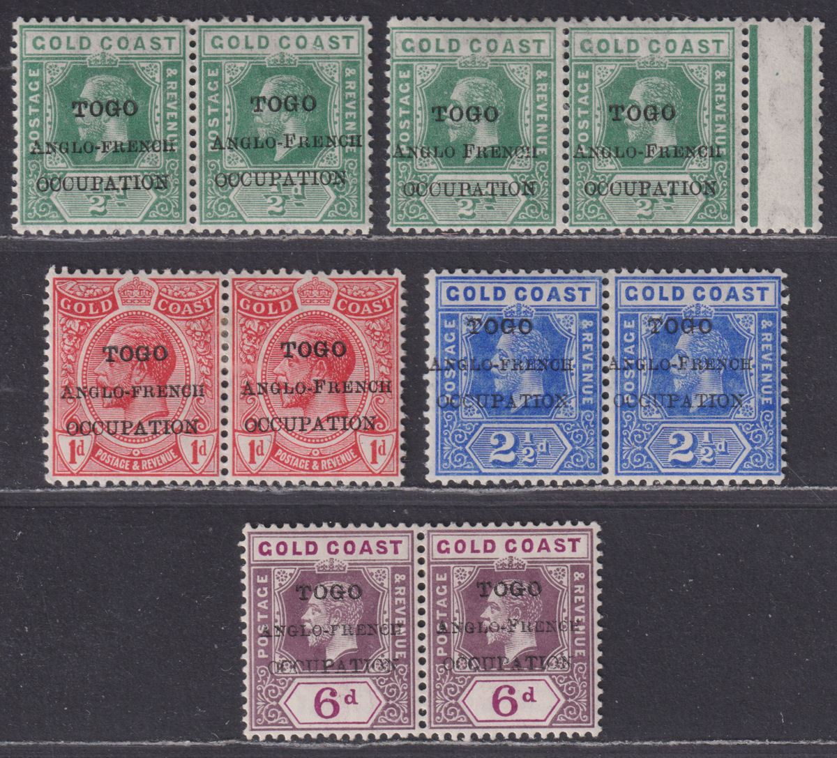 Togo 1915 KGV Overprint on Gold Coast Part Set Small F Pairs to 6d Mint