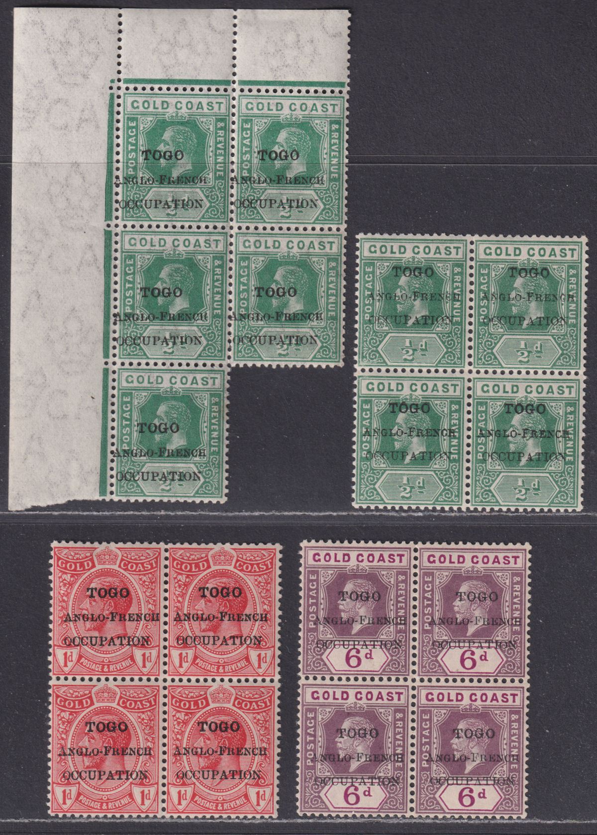 Togo 1915 KGV Overprint on Gold Coast ½d, 1d, 6d Blocks Mint