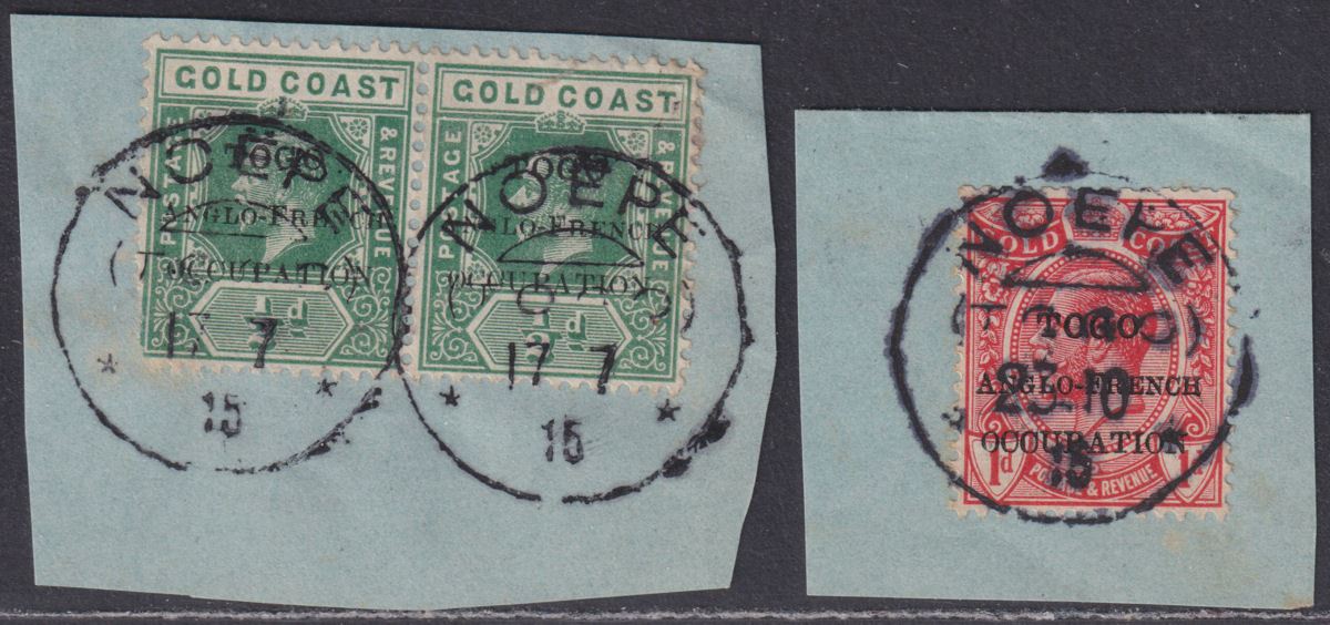 Togo 1915 KGV Accra Opt Gold Coast ½d Pair, 1d Used on Pieces SG H34-H35 NOEPE