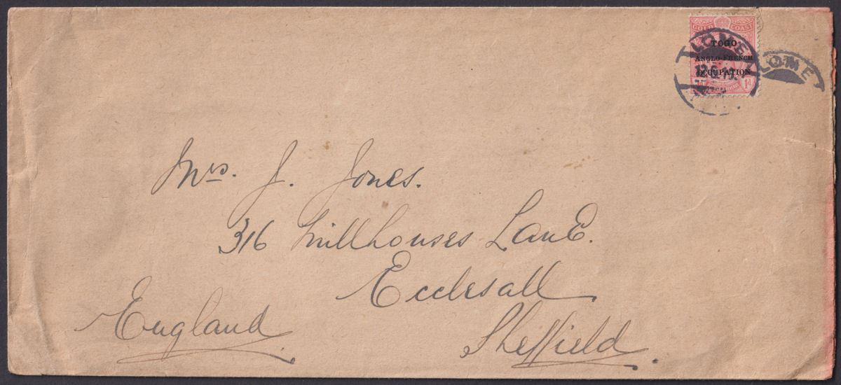 Togo 1918 KGV 1d Overprint Used on Cover LOME to Sheffield, England
