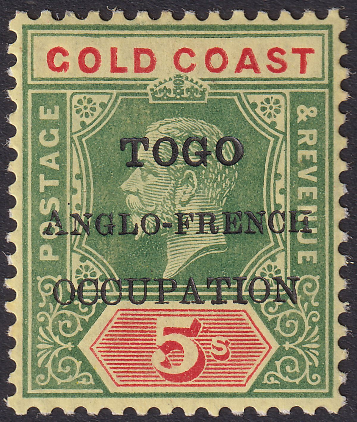 Togo 1915 KGV Accra Opt Gold Coast 5sh Small F Variety Mint SG H44a cat £120
