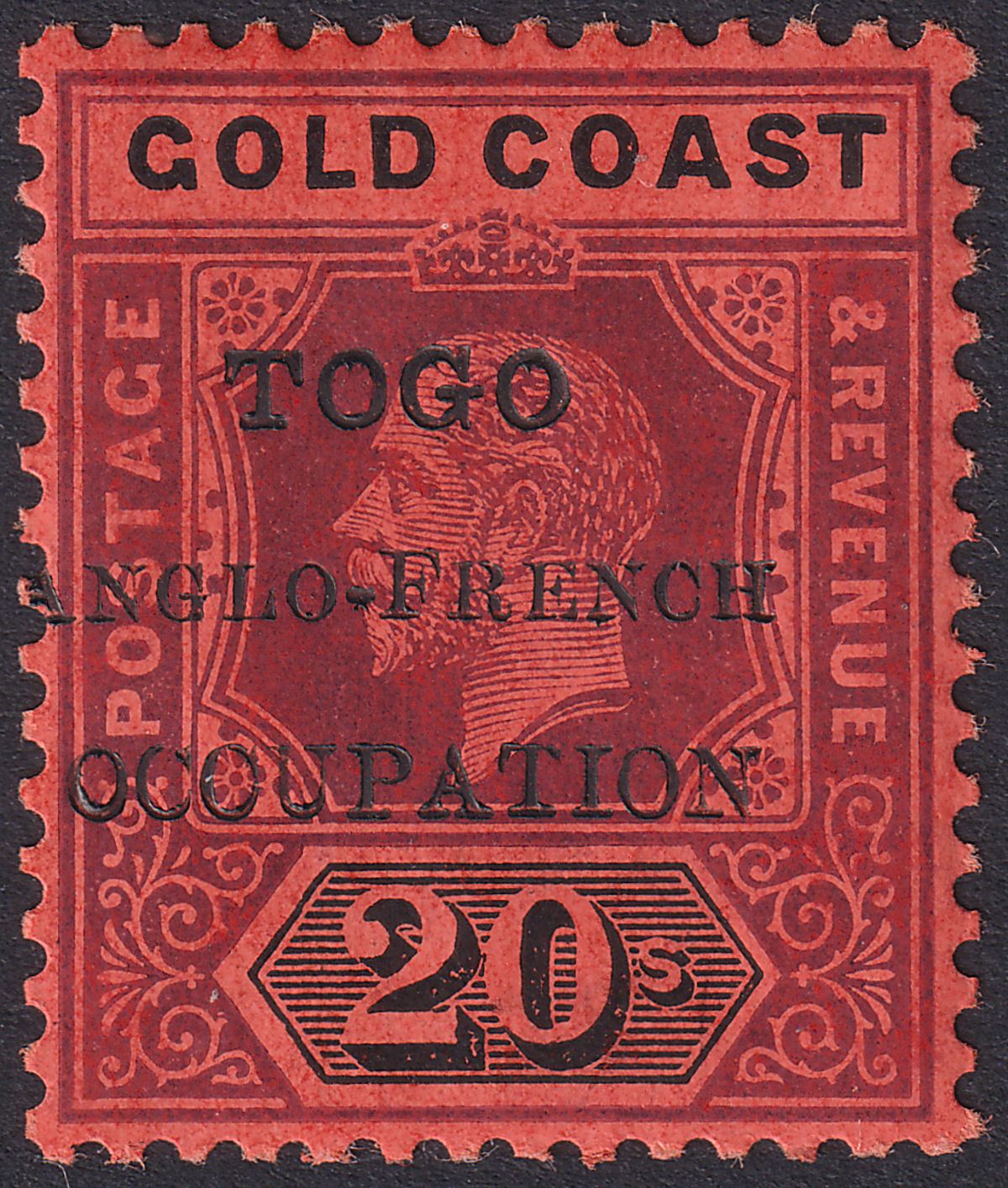 Togo 1915 KGV Accra Opt Gold Coast 20sh Purple + Red on Black Mint SG H46 c£200