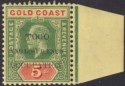 Click for more photos and details Togo 1915 KGV Accra Opt Gold Coast 5sh Thin G Variety Mint SG H44b cat £160