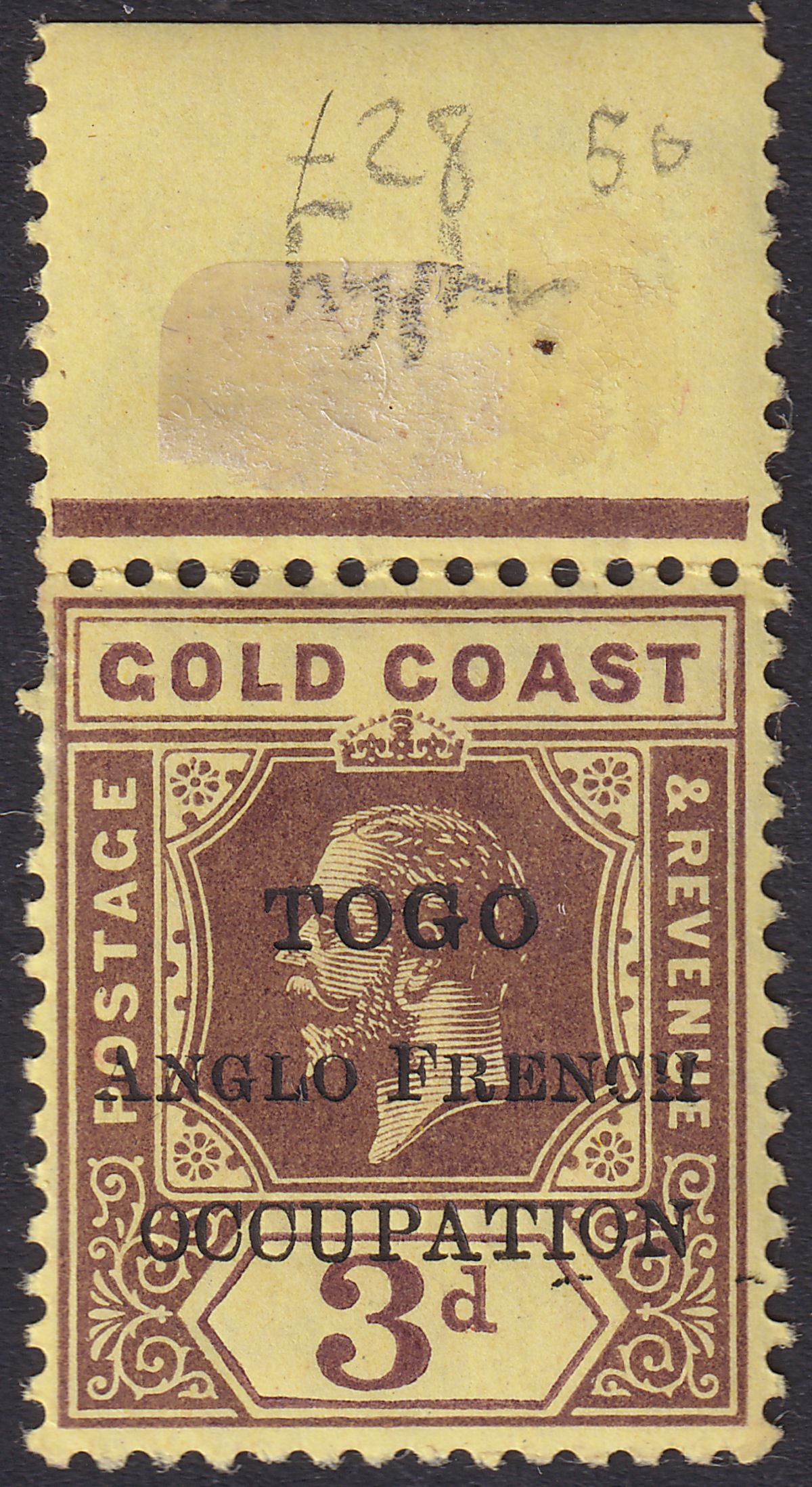 Togo 1915 KGV Accra Opt Gold Coast 3d No Hyphen Variety Mint SG H38c c£55 THIN