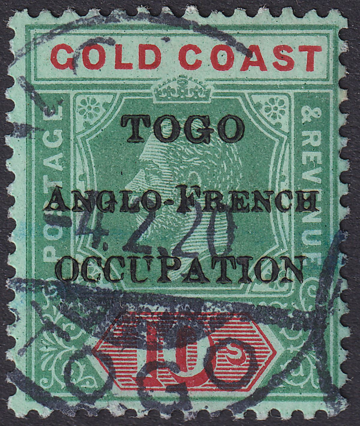 Togo 1920 KGV London Opt Gold Coast 10sh Green + Red on Grn Used SG H57 cat £70