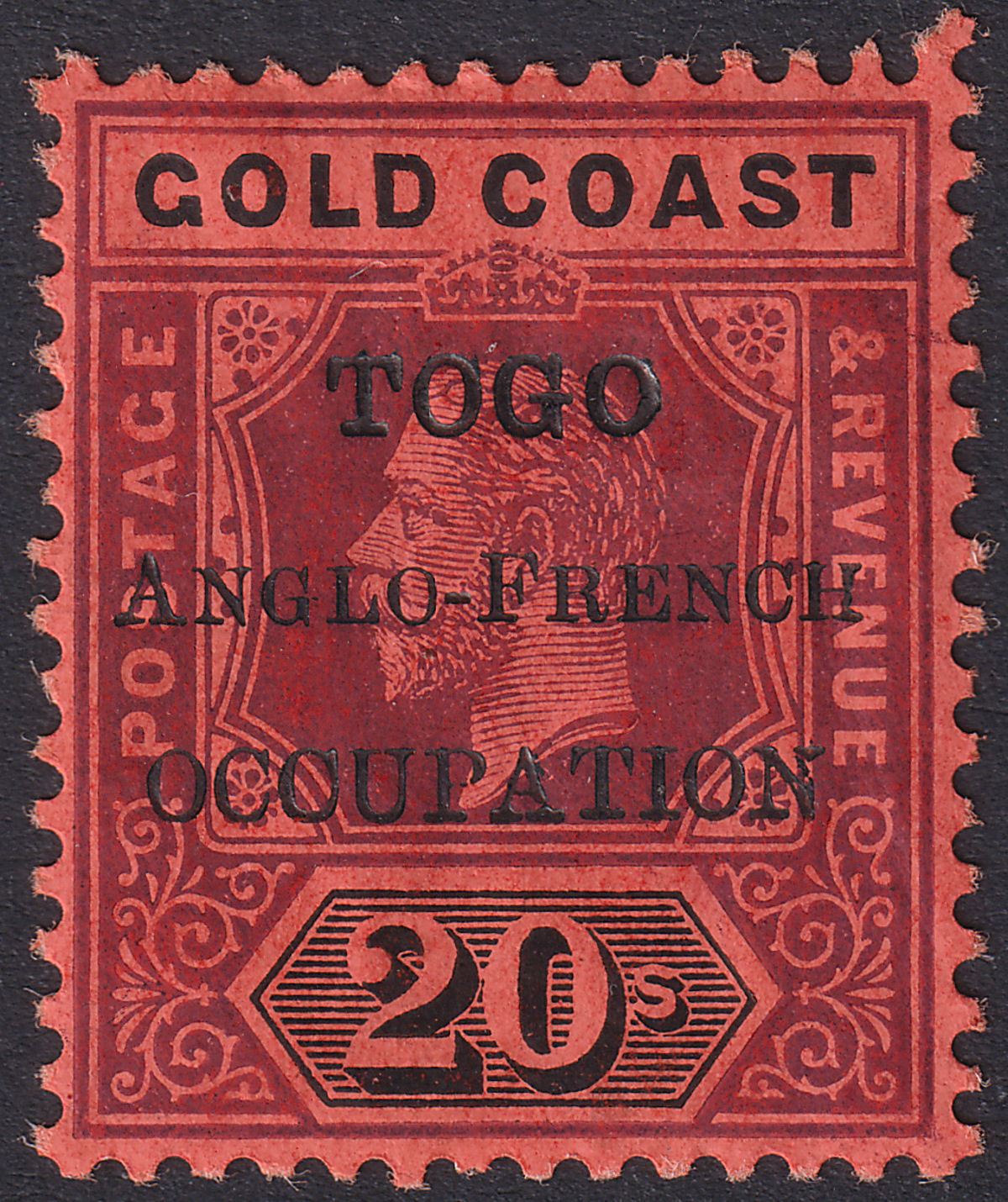 Togo 1915 KGV Accra Opt Gold Coast 20sh Purple + Red on Black Mint SG H46 c£200