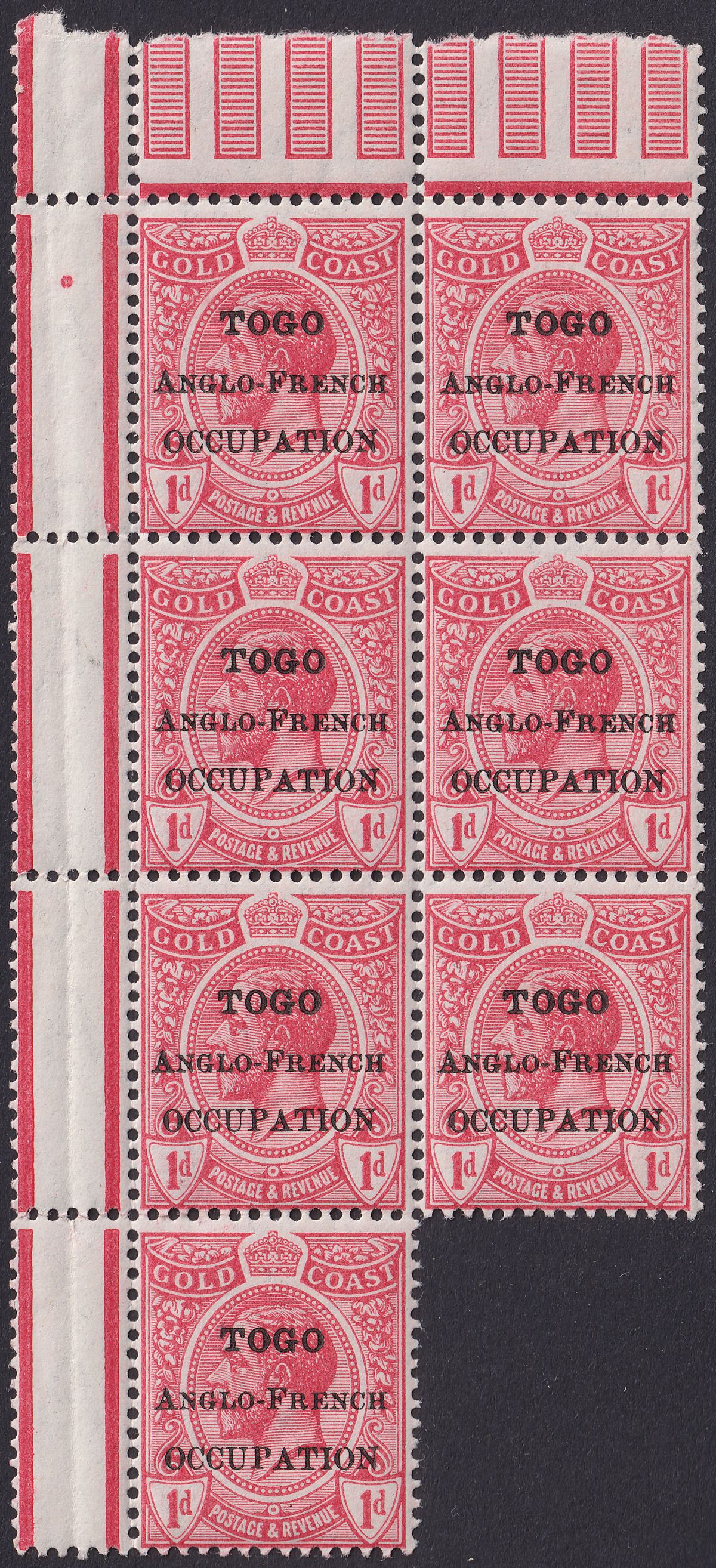 Togo 1916 KGV London Opt Gold Coast 1d Corner Block of 7 Mint SG H48