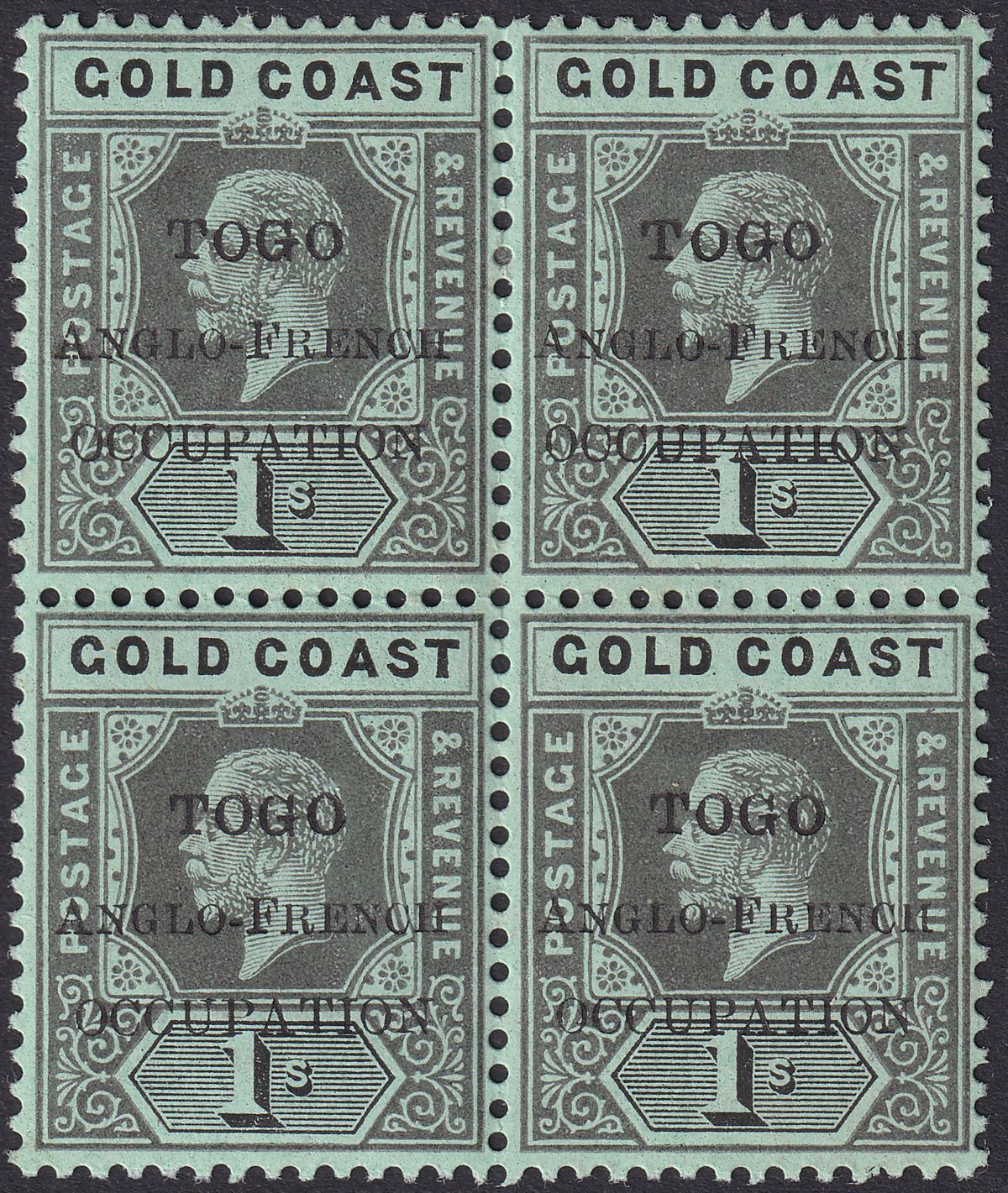 Togo 1915 KGV Accra Opt Gold Coast 1sh Black on Green Block of 4 Mint SG H41
