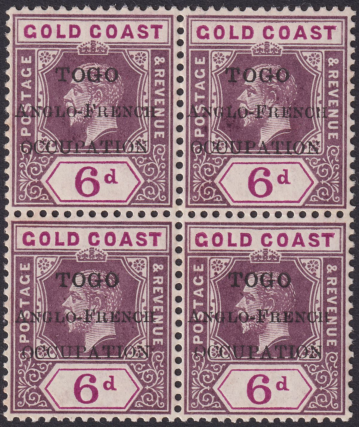 Togo 1915 KGV Accra Opt Gold Coast 6d Purple Block of 4 Mint SG H40