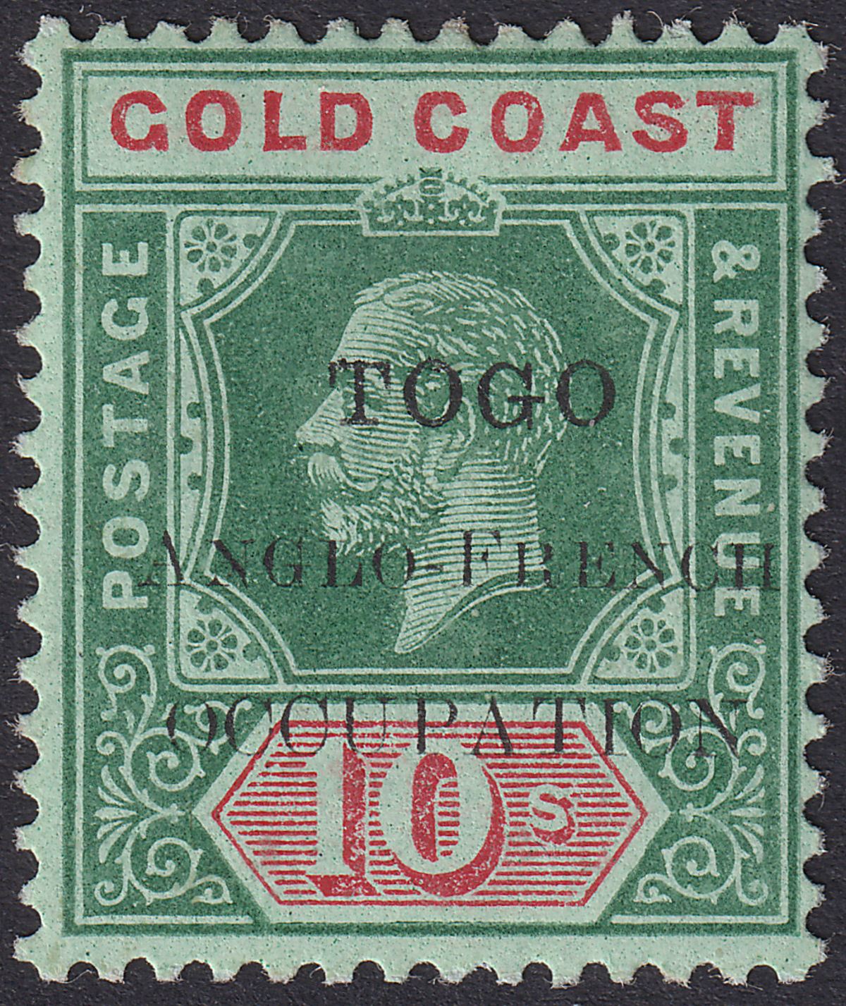 Togo 1915 KGV Accra Opt Gold Coast 10sh Green + Red on Green Mint SG H45 cat £65