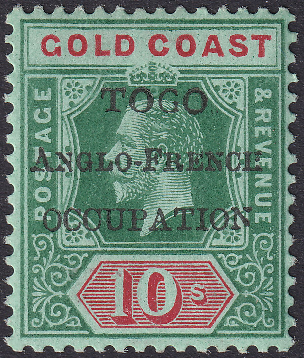 Togo 1915 KGV Accra Opt Gold Coast 10sh Green + Red on Green Mint SG H45 cat £65