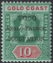 Click for more photos and details Togo 1915 KGV Accra Opt Gold Coast 10sh Green + Red on Green Mint SG H45 cat £65
