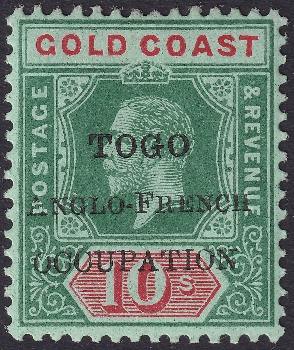 Togo 1915 KGV Accra Opt Gold Coast 10sh Green + Red on Green Mint SG H45 cat £65