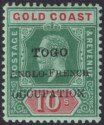 Togo 1915 KGV Accra Opt Gold Coast 10sh Green + Red on Green Mint SG H45 cat £65