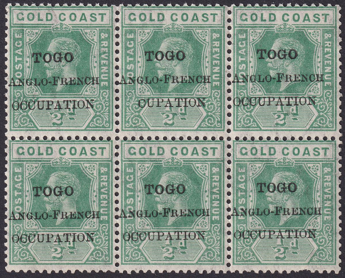 Togo 1915 KGV Accra Opt Gold Coast ½d CUPATION Variety Block Mint SG H34e c£140