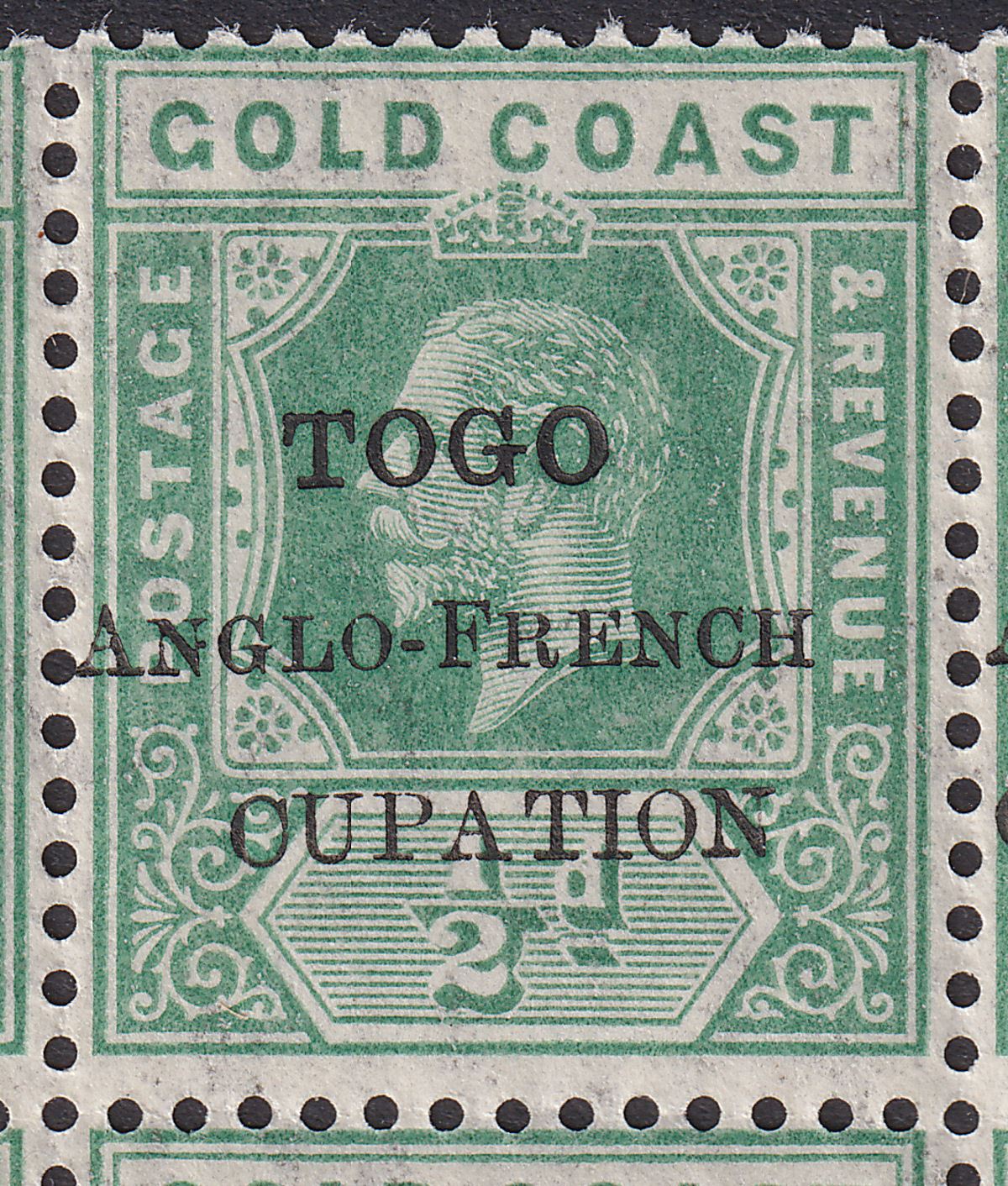 Togo 1915 KGV Accra Opt Gold Coast ½d CUPATION Variety Block Mint SG H34e c£140
