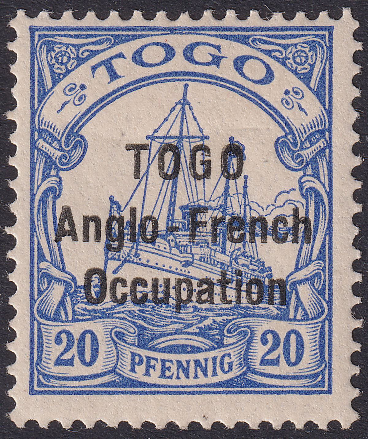 Togo 1914 KGV German Yacht 20pf Ultramarine Mint SG H17 cat £38 narrow setting