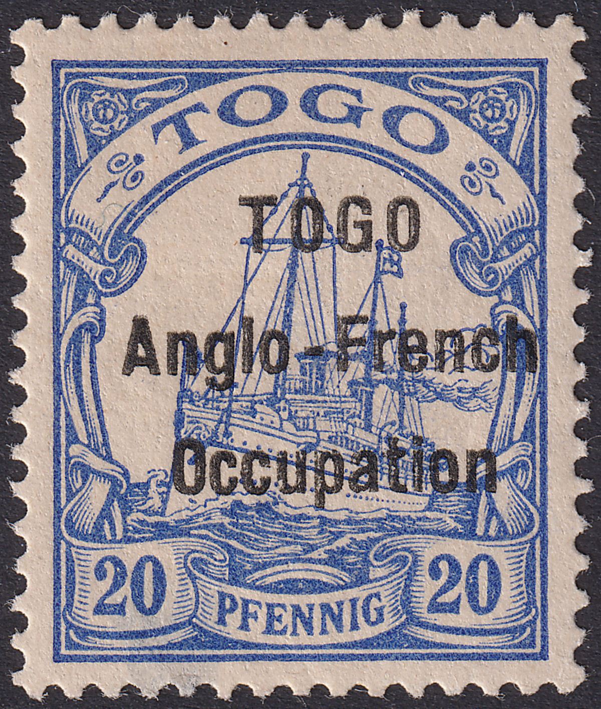 Togo 1914 KGV German Yacht 20pf Ultramarine Mint SG H4 cat £48 wide THINNED