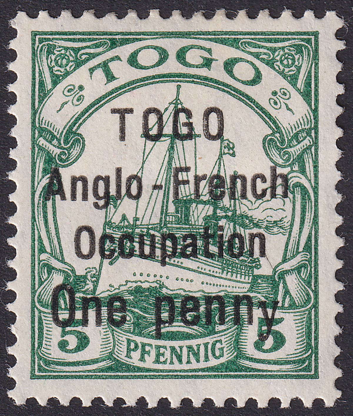 Togo 1914 KGV German Yacht 1d on 5pf Green w Thin y Variety Mint SG H28b cat £15
