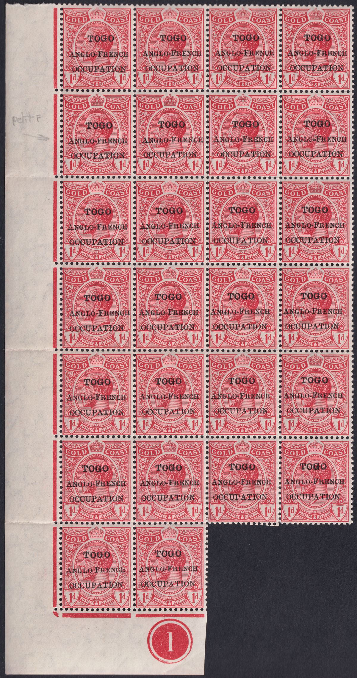 Togo 1915 KGV Accra Opt Gold Coast 1d Red Small F Variety Pt Sheet Mint SG H35a