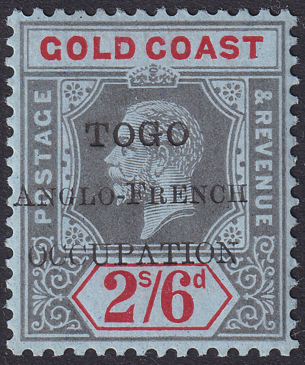 Togo 1915 KGV Accra Opt Gold Coast 2sh6d Black + Red on Blue Mint SG H43 cat £25