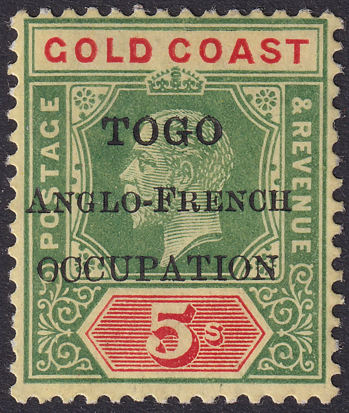 Togo 1915 KGV Accra Opt Gold Coast 5sh Green + Red on Yellow Mint SG H44 cat £35
