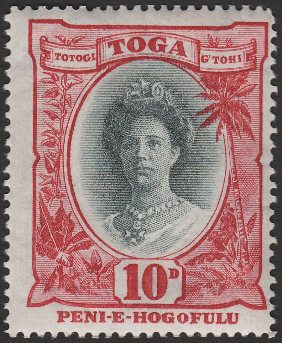 Tonga 1922 Queen Salote 10d Black and Lake variety Small Second O Mint SG62b