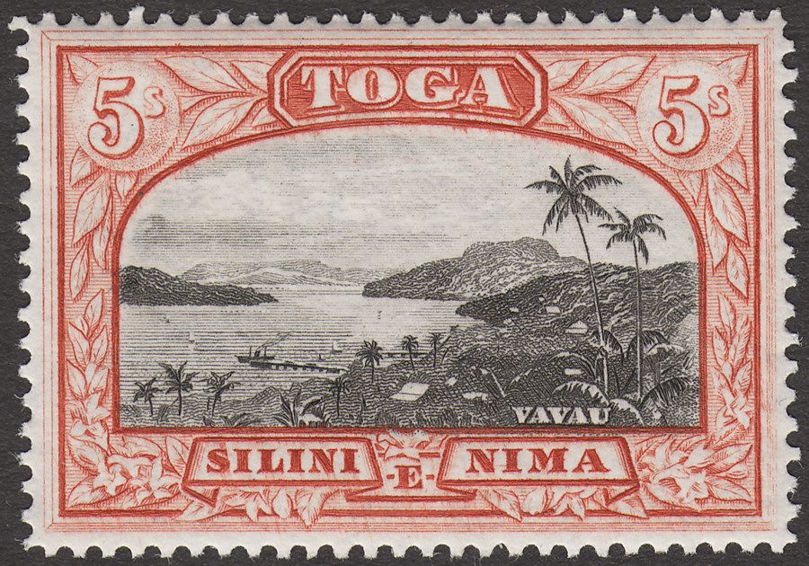 Tonga 1943 KGVI Harbour 5sh Black and Brown-Red Mint SG82