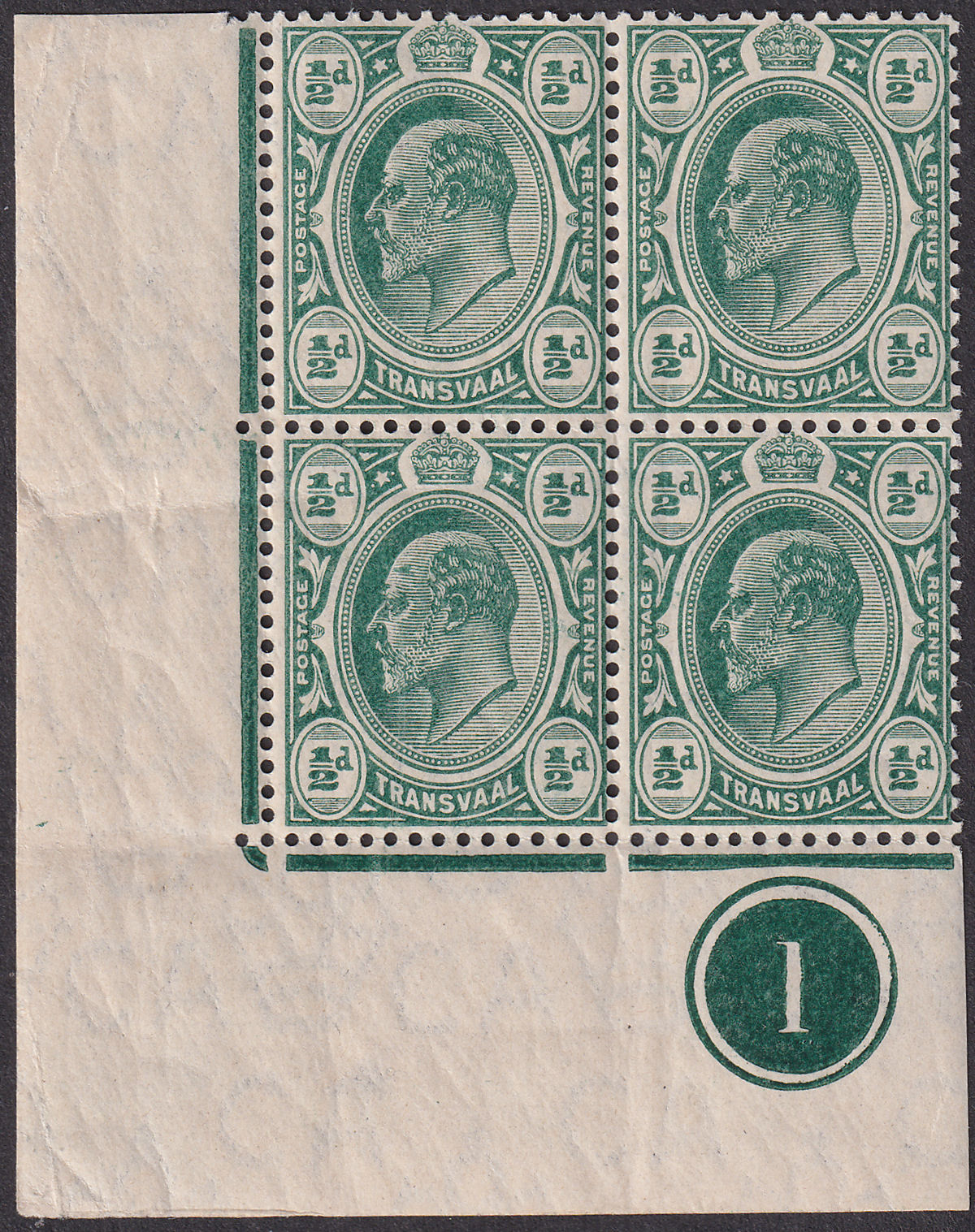 Transvaal 1908 King Edward VII ½d Deep Green Plate 1 Block of 4 Mint SG273a