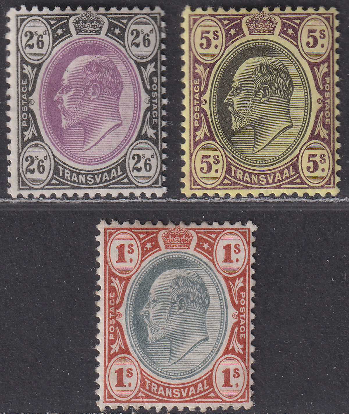 Transvaal 1902-03 King Edward VII 1sh, 2sh6d, 5sh Mint SG253-254 SG256 cat £85
