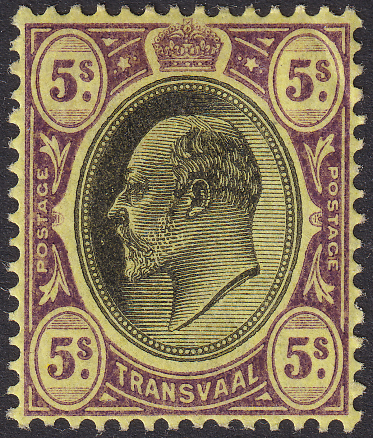 Transvaal 1904 KEVII 5sh Black and Purple on Yellow Mint SG270 cat £40