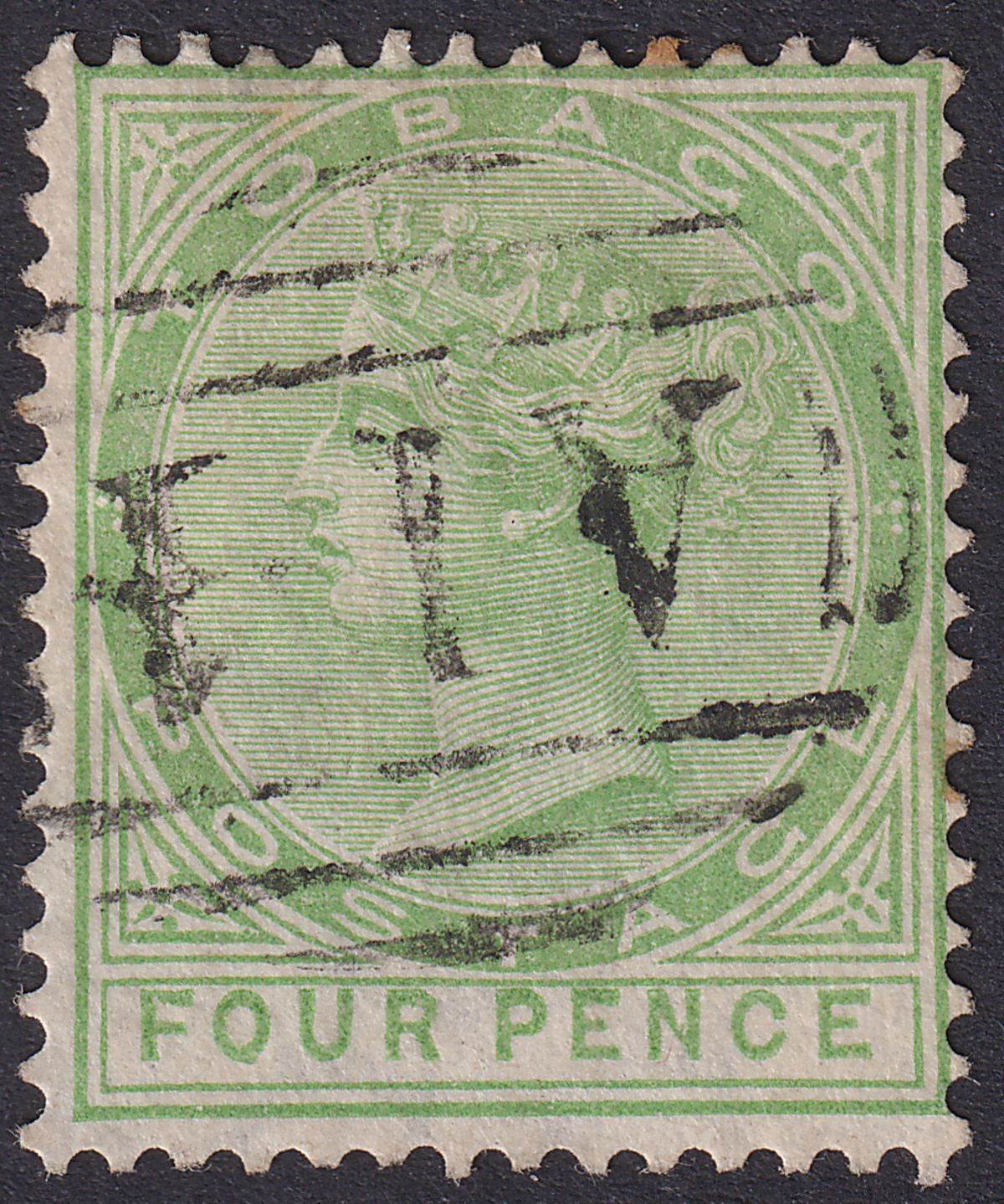 Tobago 1880 QV 4d Yellow-Green Used SG10 cat £45 with TONES