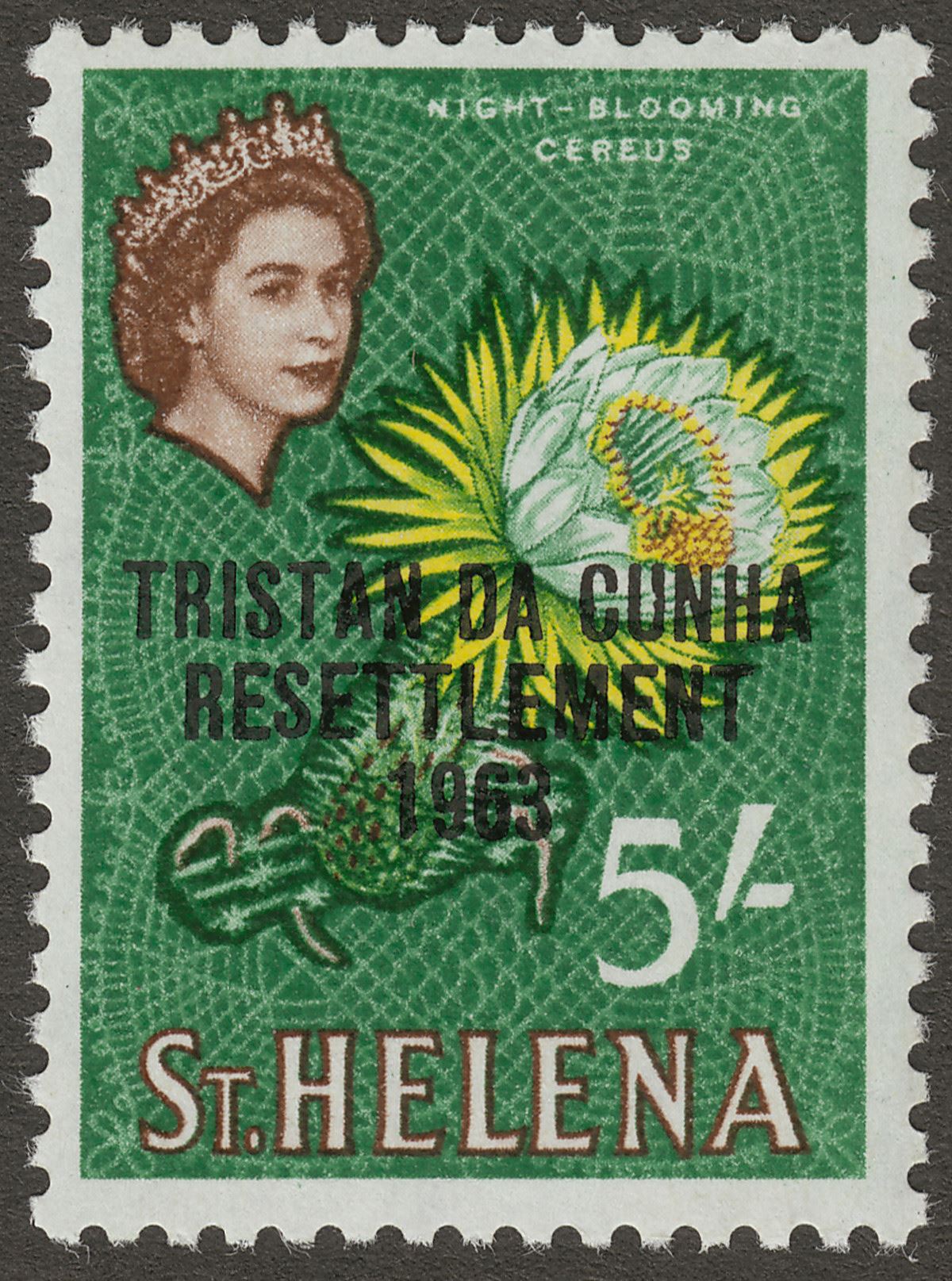 Tristan da Cunha 1963 QEII Resettlement Overprint 5sh wmk Inverted Mint SG66w